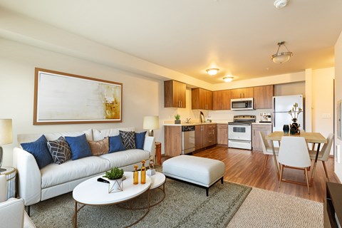 a living room with a couch and a table